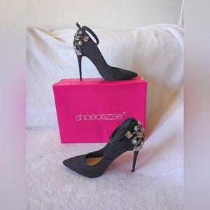 ShoeDazzle Black Suede Jewel Pearl Ankle Strap Stiletto High Heel Size 7 Women